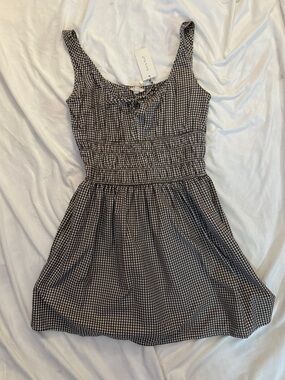 Gingham Smocked Mini Dress in Brown and White